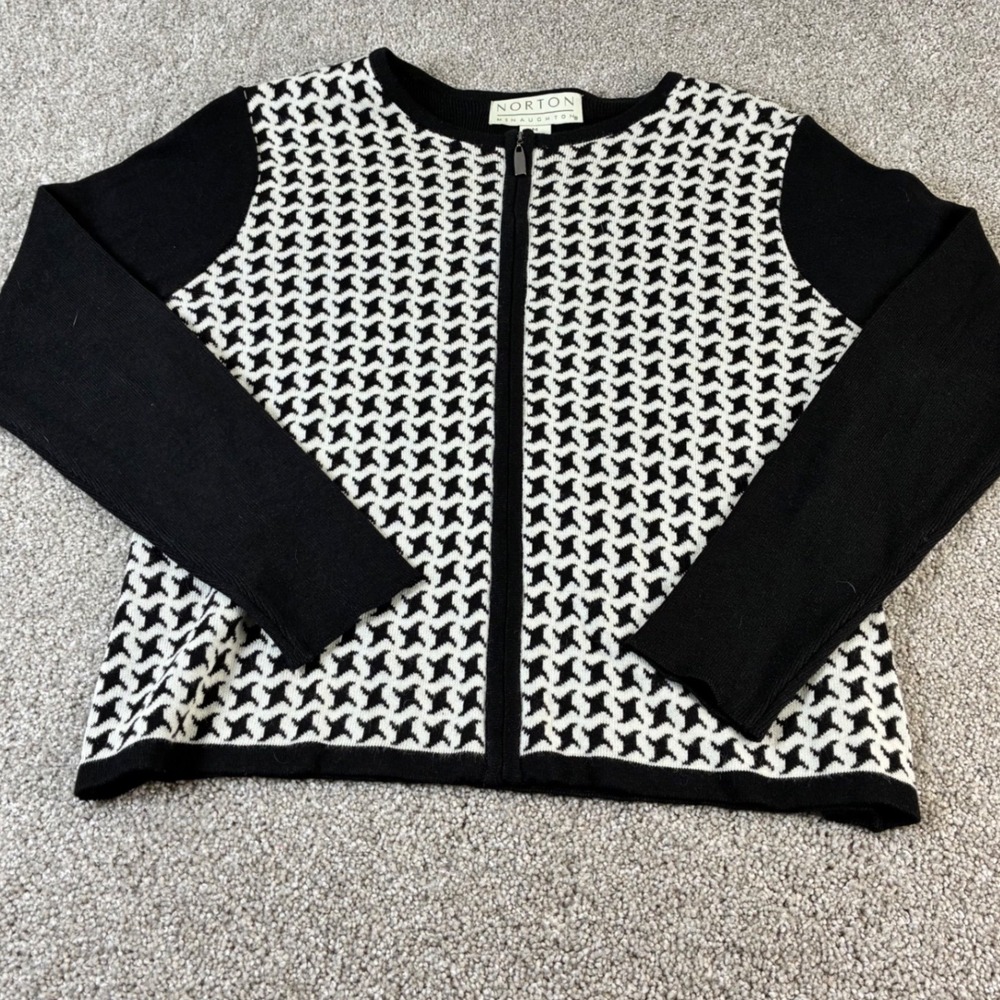 Norton Mcnaughton Womens Cardigan Sweater M Houndstooth Geometric‎ Zip Up